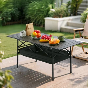 95cm Height Adjustable Camping Table – Portable Aluminum Folding Table with Mesh Storage & Carry Bag