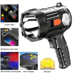 3000LM LED Spotlight Flashlight – Solar & USB Rechargeable Searchlight