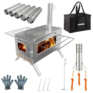 Portable Wood Burning Stove with 7 Chimney Pipes – Stainless Steel Outdoor Cooking Heater