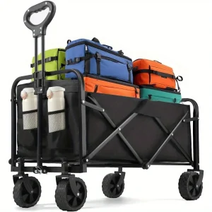 Heavy-Duty Foldable Utility Wagon Cart – All-Terrain Portable Beach & Grocery Wagon with Drink Holders