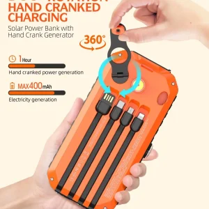 Solar & Hand Crank Power Bank with Built-In Cables – 20W Fast Charging Emergency Portable Charger with LED Light & Flashlight